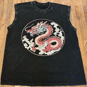 NWT Vintage Look Black Sleeveless Cotton Muscle Tee with Cool Red Dragon Graphic